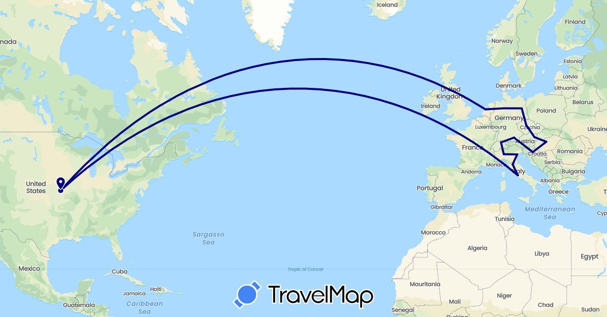 TravelMap itinerary: driving in Austria, Switzerland, Czech Republic, Germany, Croatia, Hungary, Italy, Netherlands, United States (Europe, North America)